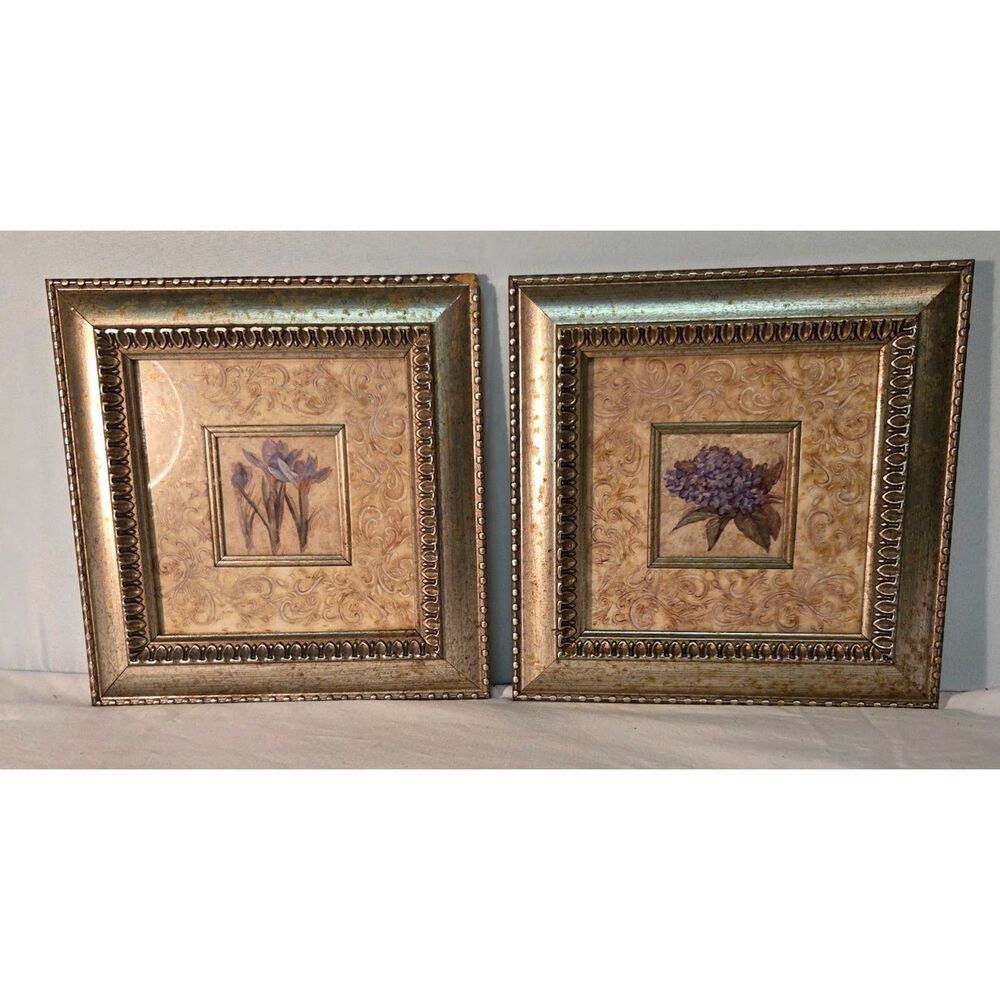 Vintage Floral Framed Wall Art Set Gold Ornate Frames Cottage Decor
